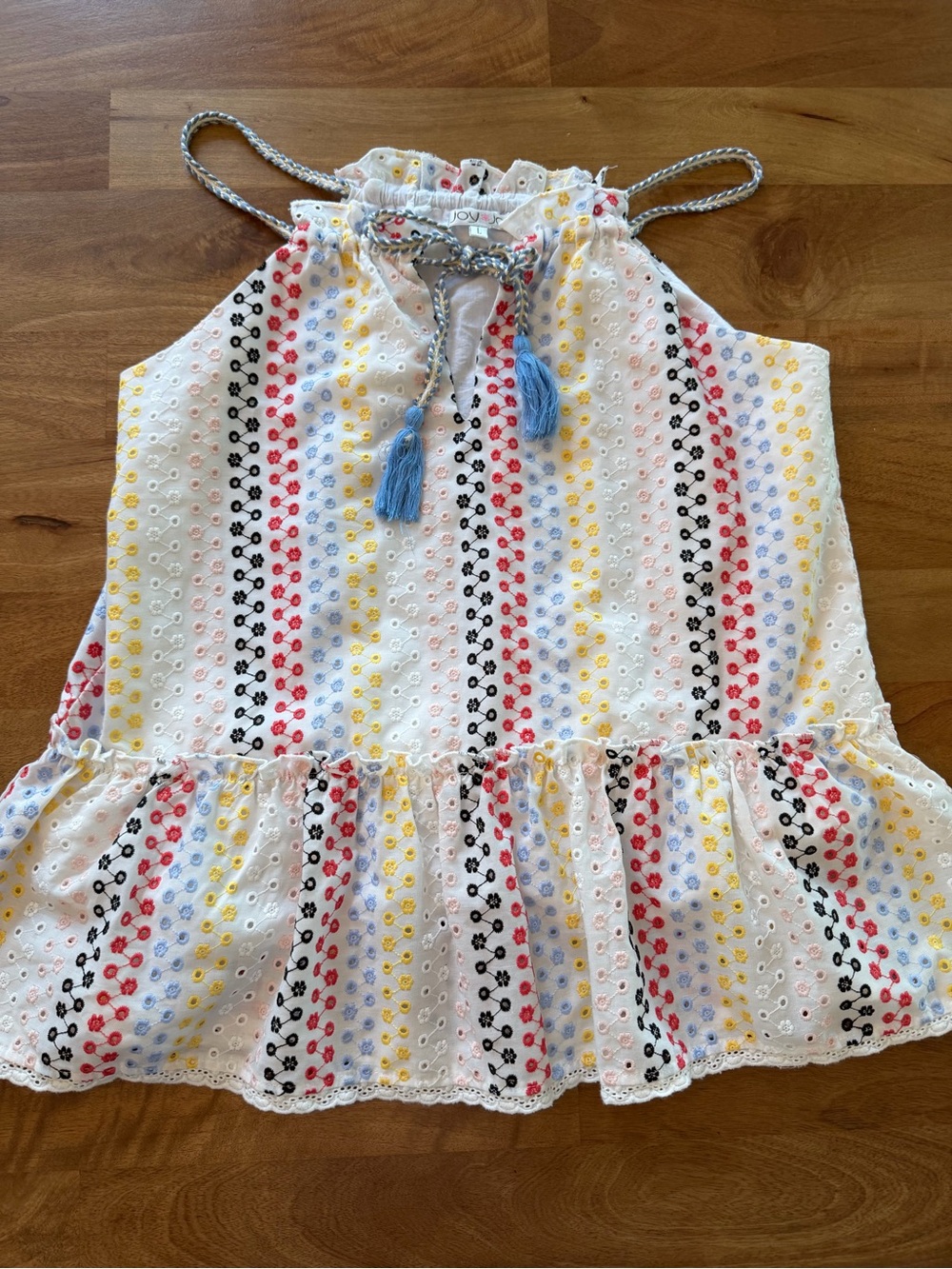 Joy Joy White Eyelet Tank with Multicolor Embroidery & Blue Tassels Size Large